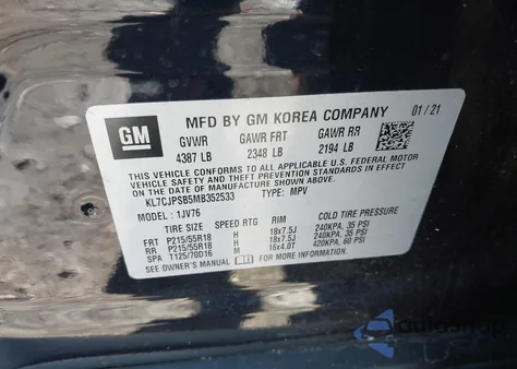 2021 Chevrolet Trax Awd Lt из США, поврежденный, VIN KL7CJPSB5MB352533